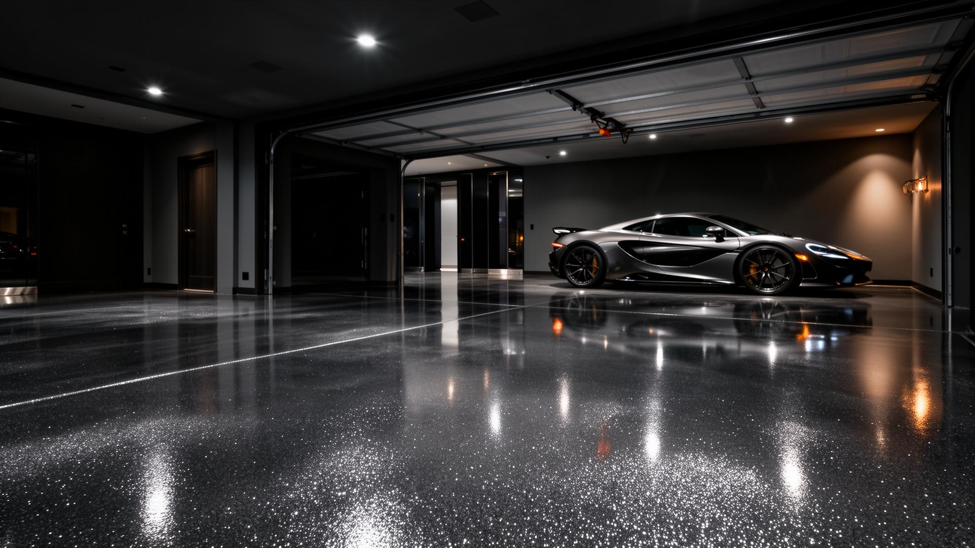 Luxury garage with metallic epoxy floor